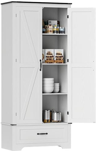 HOMCOM 72 Tall Farmhouse Kitchen Pantry Cabinet - Kitchen Storage Cabinet with Adjustable Shelves & 2 Barn Doors & Drawer, Versatile Storage Unit for Dining Room, Distressed White