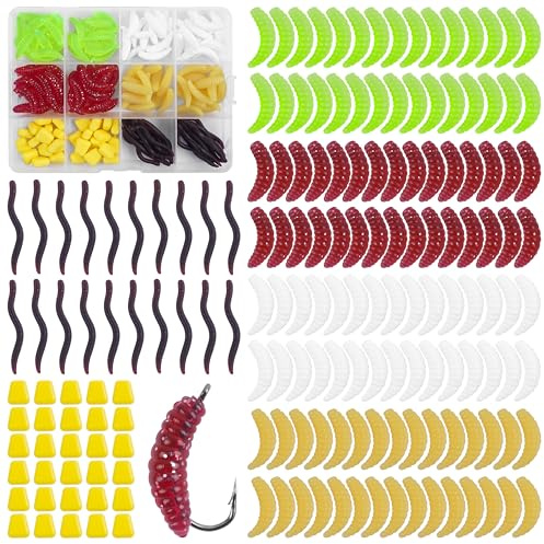 Fishing Soft Plastic Worms Set 170pcs Artificial Maggot Worm Earthworm Corn Baits Silicone Fake Worms Lures Bass Fishing Kit for Freshwater Saltwater (170pcs/box)