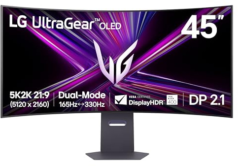 LG 45GX950A-B 45-inch Ultragear 5K2K WUHD (5120 x 2160) OLED Curved Gaming Monitor, Dual-Mode, 165Hz, 0.03ms, NVIDIA G-Sync, AMD FreeSync Premium Pro, HDR True Black 400, USB Type-C 90W, DP2.1