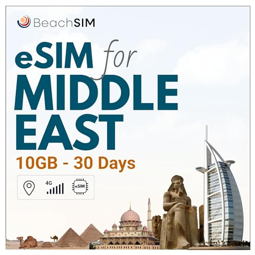 BeachSIM Naher Osten eSIM 30 Tage. 10 GB Datenvolumen mit 4G/5G-Netzen. Kostenloses Roaming in Bahrain, Ägypten, Kuwait, Oman und Pakistan. Nur-Daten-SIM.