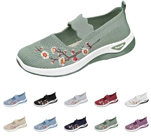 UK 6.5 Women's Mary Jane Orthopedic Shoes Slip on Soft Cushion Walking Elastic Trainers Casual Comfortable Working Nurse Shoes Breathable Walking Running Trainers Green Clearance