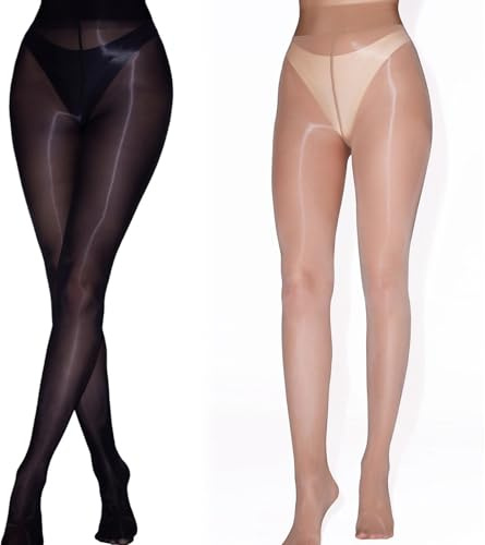 Lot de 2 collants pour femme - Paillettes transparentes - 15 deniers - Collants de danse brillants - Collants en soie indéchirables - Taille confortable - Soyeux - Noir naturel - Nude