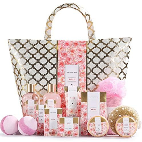 SPA LUXETIQUE Coffret cadeau de bain 15 pièces parfum rose pour femme, cadeau d'anniversaire pour femme avec gel douche, bombes de bain, sac à main spacieux, cadeau pour femme, kit de bain pour la