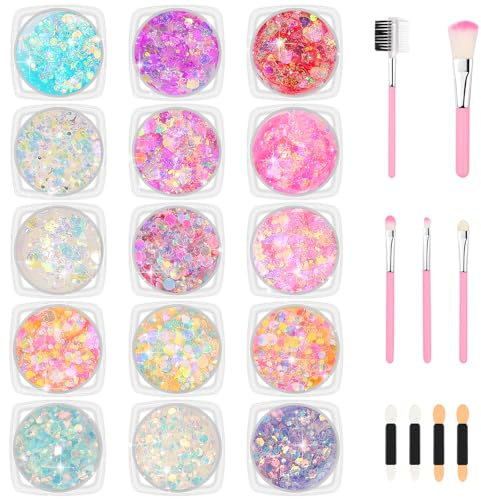 Lumineuse Paillettes Gel, 12 Pièces Gel Glitter pour Corps avec 3 Fluorescent Paillette, Paillettes Corps, Paillettes Visage, Maquillage Festival avec Pinceau pour Halloween, Fêtes Costumées