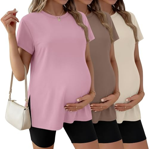Ficerd Paquete de 3 Camisetas de Maternidad para Mujer De, Manga Corta, Aberturas Laterales, Cuello Redondo, Estilo Casual(Rosa Claro, Café, Crema,M)