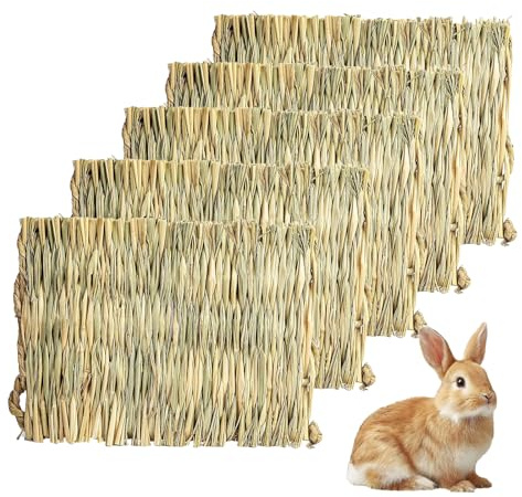 QKNOSM 5 Pack Woven Bed Mat for Rabbit, Small Animal Grass Mat Bedding Nest 28×22 cm Natural Hay Chew Toy Bed for Bunny Guinea Pig Chinchilla Hamster