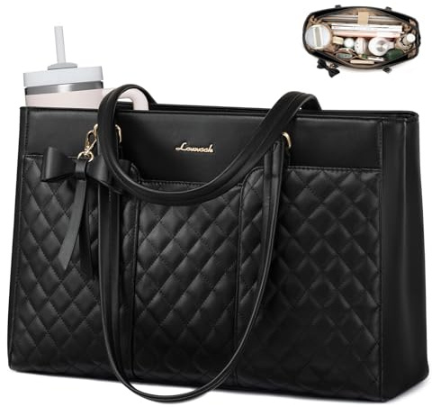 LOVEVOOK Laptop Tote Bag for Women,15.6 Inch Work Bags PU Leather Teacher Tote Bag,Waterproof Quilted Computer Bag for Office Professional Briefcase Gifts