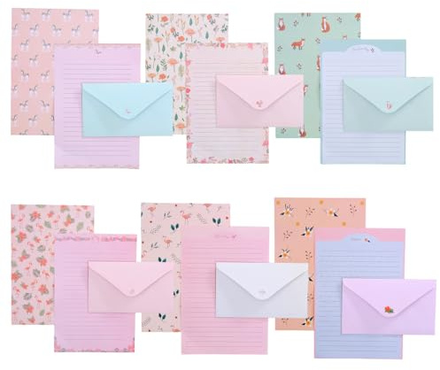 Set de papier à lettre avec enveloppes – 36 feuilles A5 + 18 enveloppes, 6 designs floraux, résistant à l'encre, idéal pour lettres, poèmes, invitations et cartes de remerciement