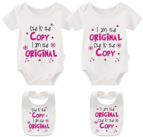 YSCULBUTOL Baby Twins Bodysuits She Is The Copy I Am The Original Infant Baby Clothes Twin Outfits With Bibs(white copy 3m)