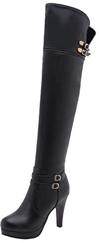 MISSUIT Damen Stiletto Overknee Stiefel High Heels Plateau Boots mit Schnallen und Reißverschluss Langschaftstiefel Herbst Winter Schuhe(Schwarz,38)