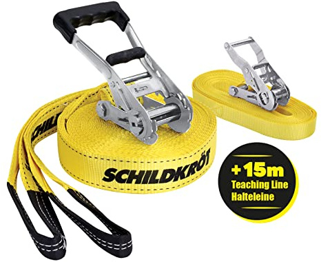 Schildkröt® Slackline 15m, with teaching line, auxiliary line for beginners, robust 5cm wide line for children and adults