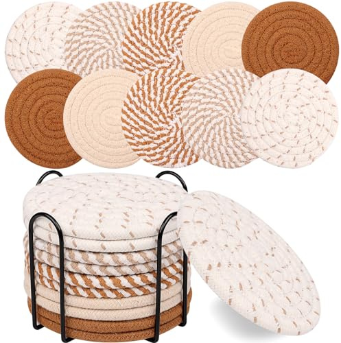 Mckanti 10 Pcs Drink Coasters with Holder, 5 Colors Absorbent Coasters for Drinks, Minimalist Boho Coasters Cotton Woven Coaster Set for Home Decor Tabletop Protection Suitable for Kinds of Cups
