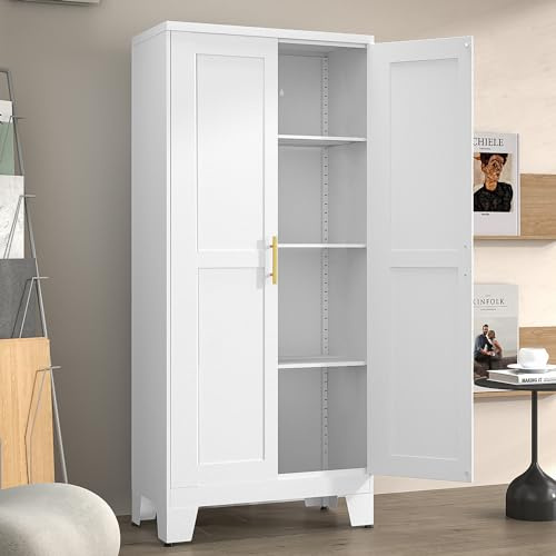 Winiowa Metal Pantry Cabinet with 2 Doors and Adjustable Shelves - 61 Kitchen Storage Cabinet with Gold Handles - Versatile Storage for Kitchen, Bathroom, Dining Room, Utility Room - White