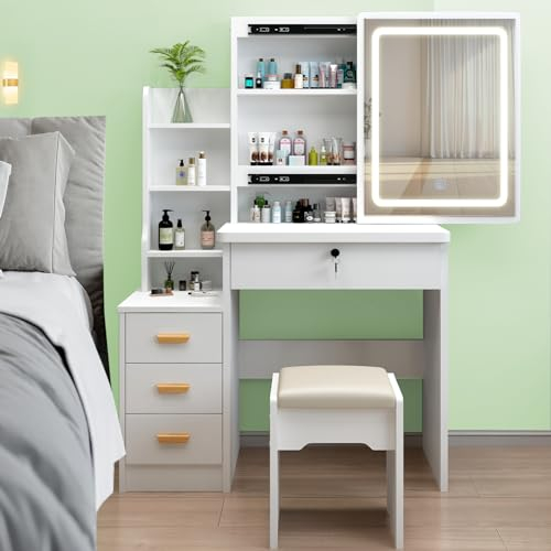 Schminktisch mit LED-Beleuchtung Spiegel,einstellbare Helligkeit, Schminktisch mit Stuhl, Frisiertisch mit 3 Schubladen und5 Ablagen, Modern Kosmetiktisch aus Holz, Weiß