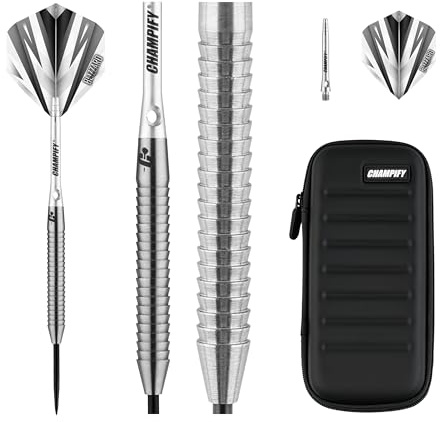Champify® 90% Tungsten Darts Set “Blizzard” mit 23g Barrel und schwarzer Darttasche| 3 Steeldarts mit 9 Alu-Schäften & 9 Flights | Dart Set mit Zubehör | Dartpfeile mit Metallspitze