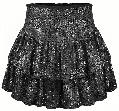Ocean Plus Mini-Jupe pour Femme avec Short Intérieur Jupe Perlée à Paillettes Jupe Courte Skort Couleur Unie Jupe Plissée avec Fermeture éclair Jupe Pantalon (L (EU 36-38), Noir)