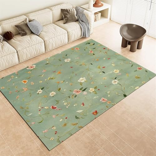 Waschbarer Teppich Grösse : 120x170cm Elegante Florale Textur Teppich Wohnzimmer Schlafzimmer, Kurzflor Flauschig Teppiche, Anti-Rutsch Unterseite bodenmatte, SalbeigrüN KinderTeppiche Dekoration