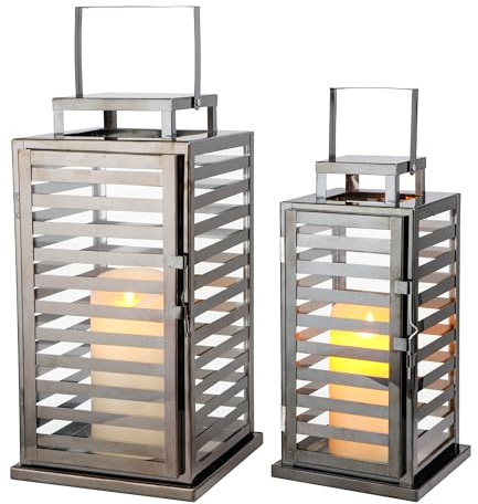 TRIROCKS Set of 2 Stainless Steel Lantern 15 &12 H Decorative Candle Lanterns with Tempered Glass Panels Indoor & Outdoor Candle Holder for Living Room Weeding Parties Events - Nickel Black Finish