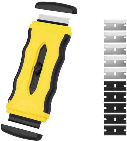 Flintronic Glasskrapa, 1 st glaskeramikskrapa med 5 plastblad och 5 metallblad för uppvärmning av plattor, bil, glas, speglar, klistermärken, rengöring- gul