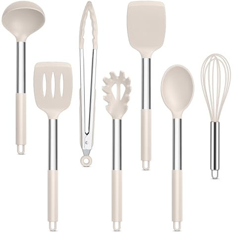 Joyfair Juego de utensilios de cocina, 7 piezas, juego de utensilios de cocina, color caqui, antiadherente, resistente al calor, espátula para cocinar, hornear, flip, fácil de limpiar y apto para