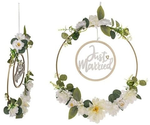 ReWu Türkranz Just Married Blumen Schriftzug zum Aufhängen Trockenblumenkranz Hochzeit Dekokranz Hauseingang Aufhänger Holz Ø 30cm