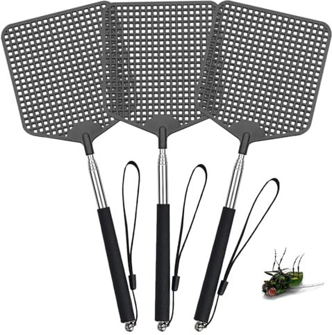 3 Pièces Tapette à Mouches carrée Extensible,Tapette à Mouches avec Poignée,Attrape-Mouches,Tapettes à Mouches Robustes,pour Mouches,Moustiques et Insectes,Noir
