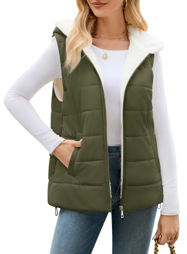 Yuson Girl Chaleco Mujer Acolchado de Algodón para Invierno Chaqueta sin Mangas Forro Polar Otoño Chalecos Exteriores Moda Vestir Chaquetón Mujer con Bolsillos y Cremallera(Verde militar, M)
