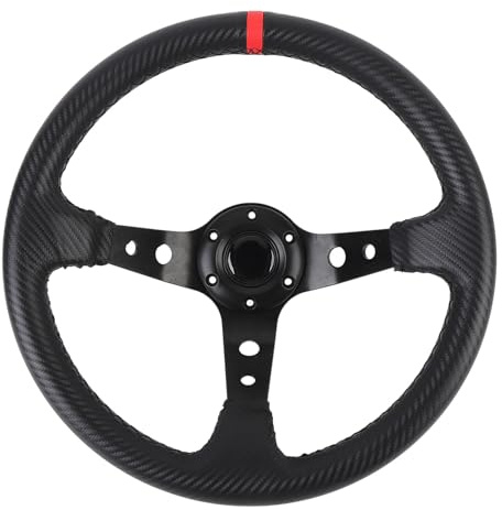OEBUAFI Volant Plat Profond de 14 Pouces Sport Racing Aspect Fibre de Carbone Universel Cadre en Aluminium en Cuir PU avec Bouton de Klaxon pour Adaptateur de Moyeu à 6 Trous (rouge)