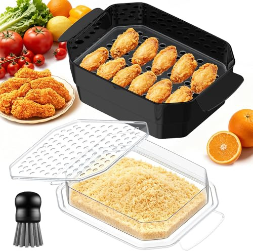 SURETIVIAN Batter Bowl Extra Large Better Breader Bowl with Two Sifters & Powder Tray, Visible Mess Free Breading Shaker for Fried Fish Chicken Meat Veggies, Great for Family Parties (Black)