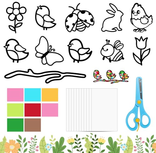 Yooyan 22 stycken vår påsk pysselset, målat glaseffekt fönsterbilder med 16 självhäftande folier, 32 målpapper och sax, gör-det-själv-vårdekoration med blommor, kycklingar, fjärilar för fönster och