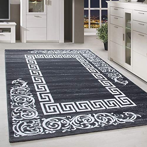 Homebyhome Matta 200x290 cm, Modern Meandermönster Grå Vit, Lättskött, Perfekt för Stora Vardagsrum eller Öppna Ytor