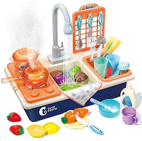 CUTE STONE Pretend Play Kitchen Sink Toys with Play Cooking Stove, Pot and Pan with Spray Realistic Light and Sound, Dish Rack & Play Cutting Food, Utensils Tableware Accessories for Kids Toddlers
