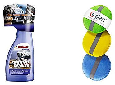 SONAX XTREME KunststoffDetailer Innen + Außen Reinigung, Pflege und Schutz für das gesamte Fahrzeug & Glart 43PP Mikrofaser Handpolierschwamm 3er Set, 130x25 mm, Wax Applikator Pad, Blau/Grün/Gelb