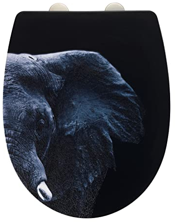 WENKO WC-Sitz Elephant mit Relief-Oberfläche, Toilettendeckel mit Absenkautomatik, bruchstabiler, recycelbarer Thermoplast, Schnellbefestigung aus rostfreiem Edelstahl, 36,5 x 45 cm, tierisches Motiv