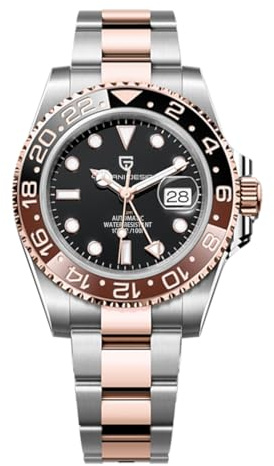 Pagani Design GMT Herren 40 mm Automatikuhr Saphirglas Edelstahl 100 Wasserbeständigkeit Analoguhr Mechanische Herrenuhren Geschenkuhr für Herren(Gold)