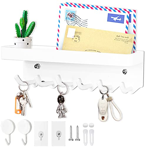 Echehi 6 Hooks Key Holder, Self Adhesive or Drilling 2 Ways Installation Key Holder for Wall, Key Hooks Wall Mounted for Entrance Area (White)