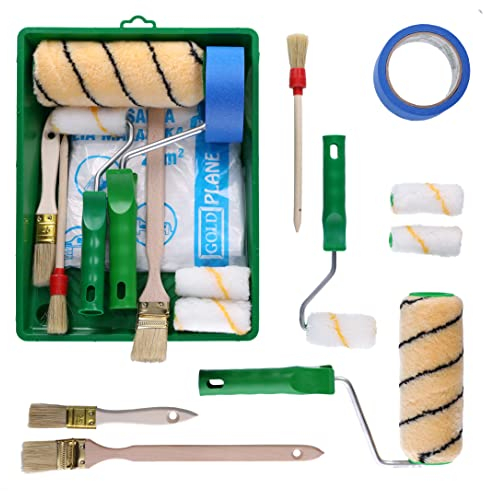 ToolSpace 12 Pièces Rouleau Kit - 18 cm et Mini Rouleaux 3 x 7 cm avec Manche - Pinceau 25 mm et rond 20 mm Pinceau Radiateur 36 mm avec Bac - pour Peinture Murale Interieur Mur - Outils Application