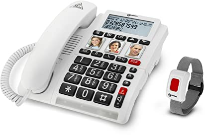 Geemarc CL610 - Schnurgebundenes Notruftelefon und wasserdichtes SOS-Armband mit verstärkter Lautstärke und anpassbaren Fototasten - Ideal für allein lebende Senioren und Hörgeschädigte