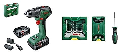 Bosch Home and Garden Home and Garden Akkuschrauber UniversalDrill 18V-60 (2 Akku, 18 Volt System, im Koffer) Schwarz + 25 + 15 + 1 Mini-X-Line Set plus Griff (für Metall, Holz, Stein, Zubehör)