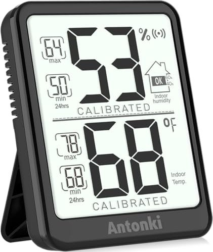 Antonki Termómetro Higrómetro Interior, Termómetro Digital Casa, Higrómetro de Interior, Medidor Temperatura y Humedad con Registro Máximo/Mínimo para Hogar, Reptiles, Plantas - Batería Incluida