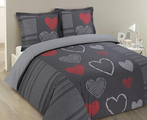 Vision - Parure de lit Romeo - 100% Coton - Coeurs Gris - Set de Housse de Couette 260x240 cm avec 2 taies d'oreiller pour lit Kingsize 2 Personnes - Fibres Naturelles - Oekotex