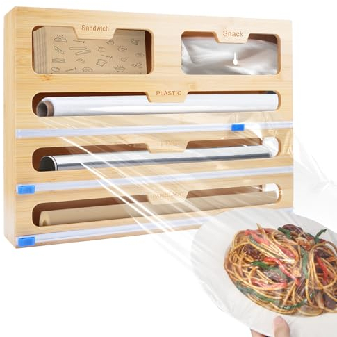 comeder Bamboo Foil Dispenser with Cutter, 5 in 1 Foil and Cling Film Dispenser, Roll Organizer Holder for Aluminum Foil, Cling Film, Wax Paper, Parchment Paper, Compatible with 15 Roll 2.2 Tall