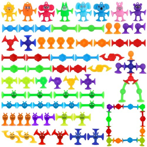 FINEASY 67 Piezas Juego de Ventosas para Niños, Juguetes Bañera Bebe Divertidos, Juguetes Sensoriales Interactivos, Juguetes Baño Lindos, Juguete Bañera Ventosas para Niños Niñas Adulto