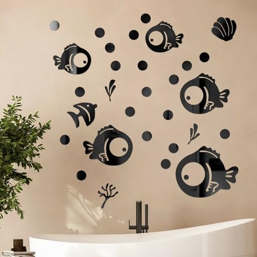 3D Acryl Spiegel Wandaufkleber Fisch und Bubbles, DIY Aufkleber Badezimmer Wanddeko, Wandtattoo Selbstklebend Wandsticker Badezimmer Wasserfest, Geeignet für Bad, Wohnzimmer, Schlafzimmer (Schwarz)