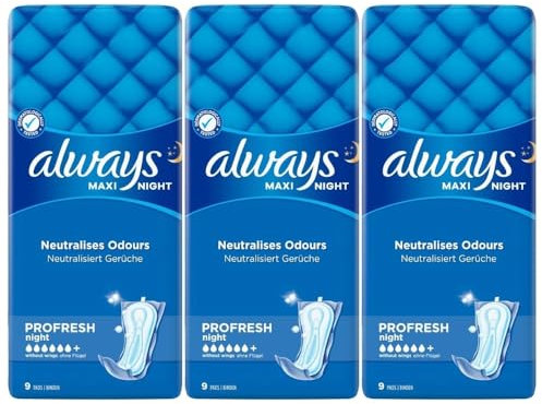 Always Maxi Night Profresh | Ultra Absorbent with Odor Protection for Night Use – 3 Pack Bundle (Total 27 Pads)