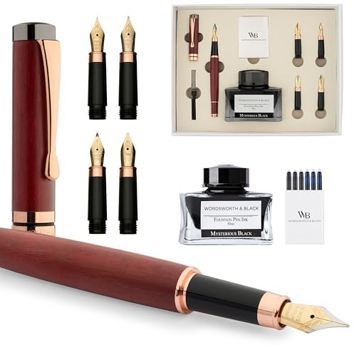 Wordsworth & Black Fountain Pen Gift Set, Inclut flacon d'encre, 6 cartouches d'encre, convertisseur de recharge, 4 plumes de rechange, bambou de luxe, journaling, calligraphie [Bois violet]