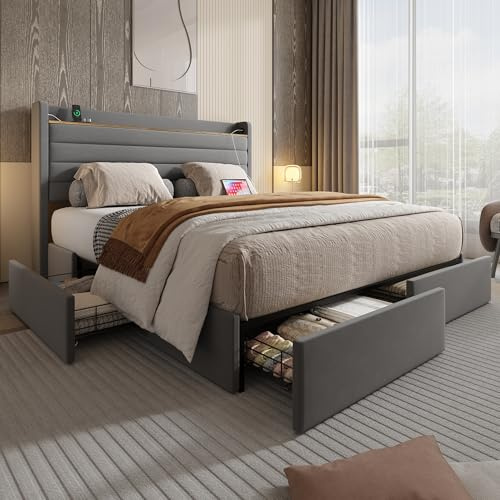 BXEYXE Cama moderna de 160 x 200 cm. Estructura de cama tapizada en terciopelo. Cabecero con puerto USB y función de almacenamiento. 4 cajones en la parte inferior del marco de la cama. Gris