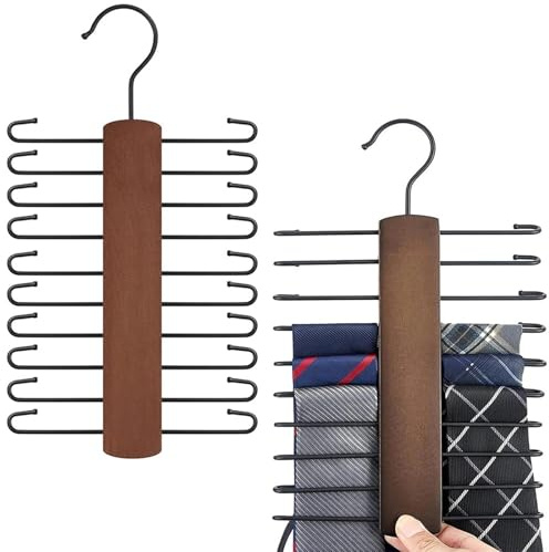 Gtwinsone 2 Pièce Porte Cravates en Bois Rotatif 360 Degrés avec 20 Barres Rangement Cintre Ceinture Antidérapante pour Cravates, Écharpe, Ceintures, Accessoires