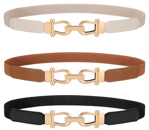 LEACOOLKEY Set da 3 cinture elastiche donna eleganti, cintura donna sottili con fibbia dorata, cintura elastica da donna in stile vintage per jeans e abiti, Nero+Marrone+Beige
