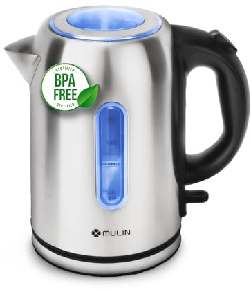 MULIN Bollitore Elettrico 1.7L 2200W, Bollitore Acciaio Inox con Ebollizione Rapida, Base 360° Senza Fili, Spegnimento Automatico, Indicatore Livello Acqua, per Tè e Caffè